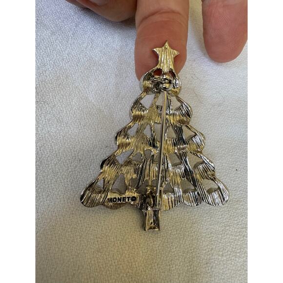Vintage Monet Christmas Tree Brooch Silver Tone Clear Rhinestones 80s Jewelry - Picture 3 of 4